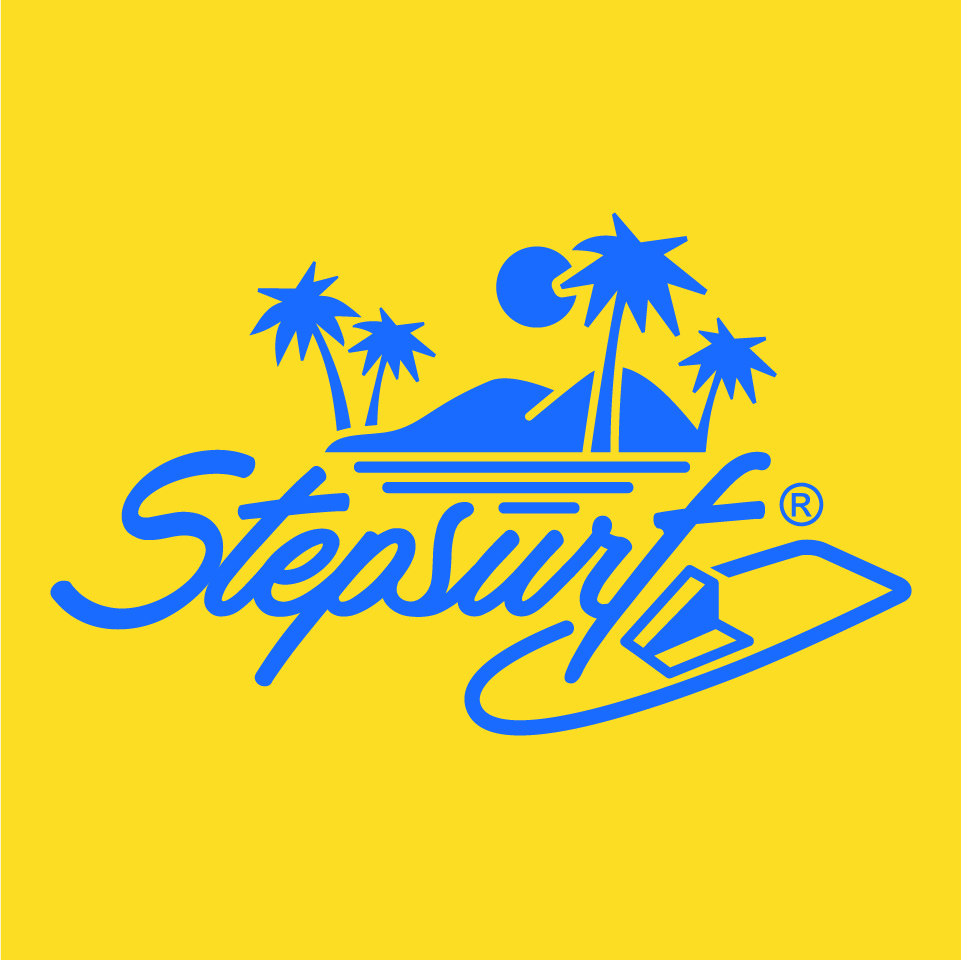 Stepsurf - blue logo on yellow background